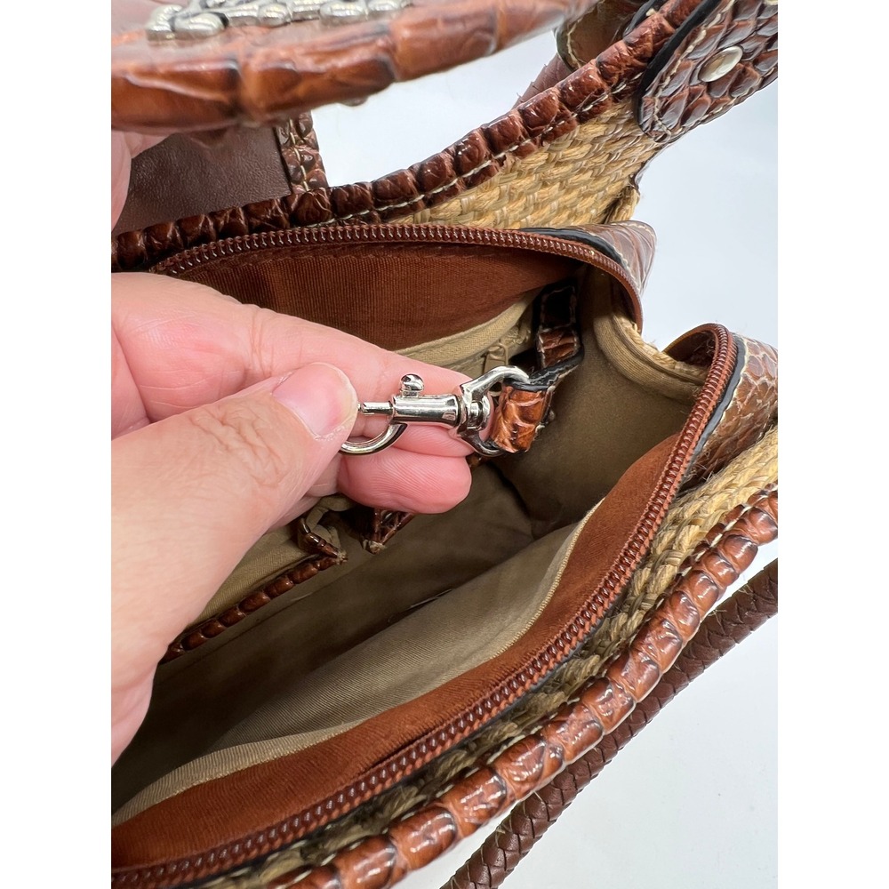 Straw Woven Shoulder Bag Boho Resort Coastal Brown Faux Croc Jute Vinyl Medium - Picture 6 of 8